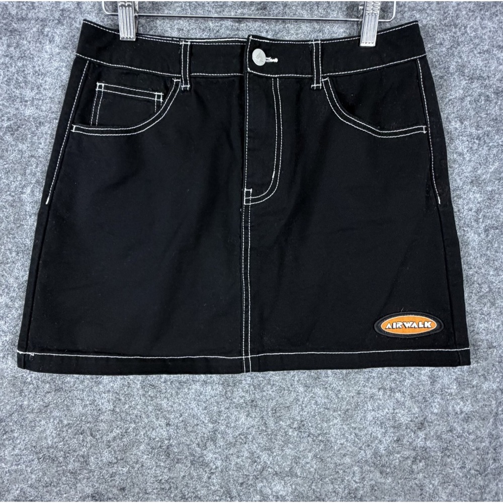 Airwalk Mini Skirt Women Medium Black Denim Contrast Stitching Skater Grunge
